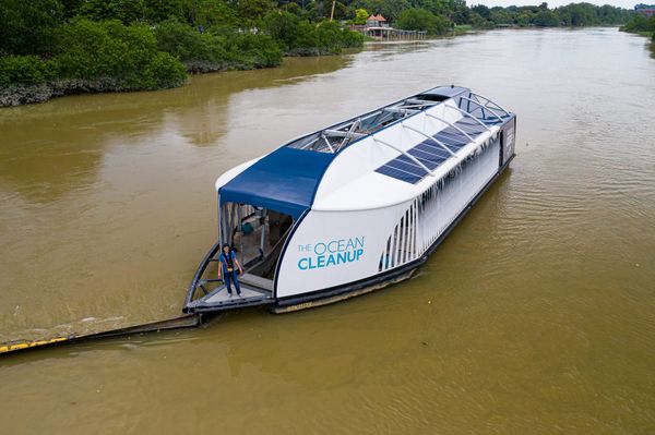 Boyan Slat on board Interceptor 002 in Klang River, Malaysia